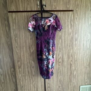 Black Halo Purple Lace Floral Sheath Midi Dress  Size 6